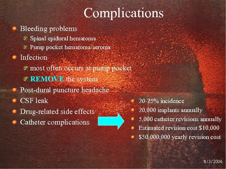 Complications Bleeding problems Spinal epidural hematoma Pump pocket hematoma/seroma Infection most often occurs at