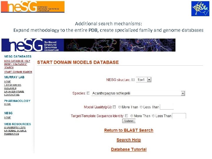 Additional search mechanisms: Expand methodology to the entire PDB, create specialized family and genome