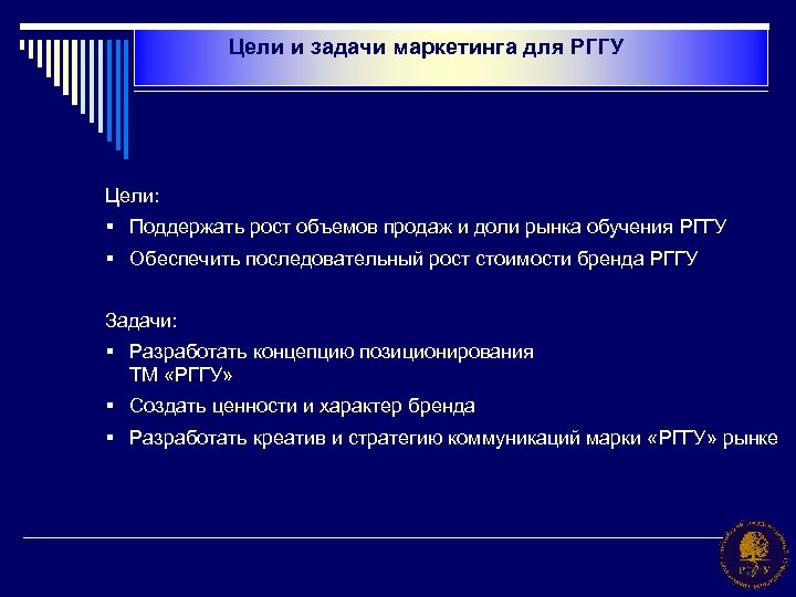 Цели и задачи маркетинга для РГГУ Цели: § Поддержать рост объемов продаж и доли