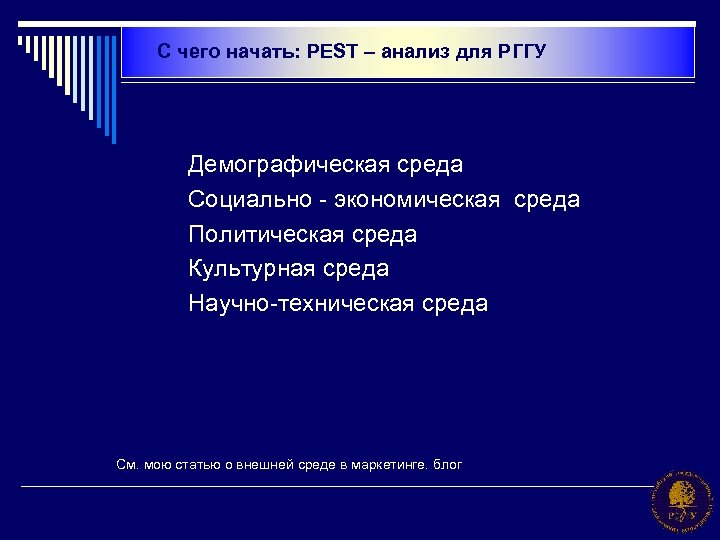 С чего начать: PEST – анализ для РГГУ Демографическая среда Социально - экономическая среда