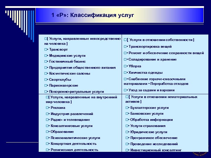 1 «P» : Классификация услуг o[ Услуги, направленные непосредственно o[ Услуги в отношении собственности