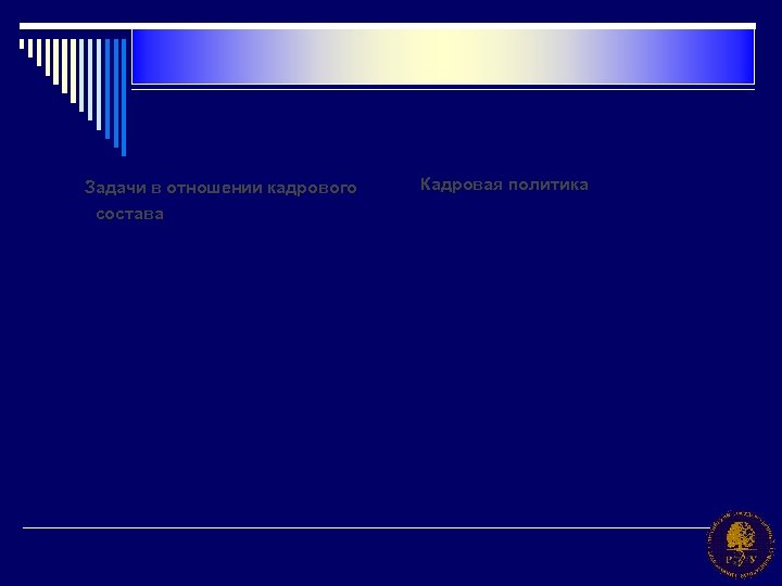 Задачи в отношении кадрового Кадровая политика состава Найм Стимулирование работы Снижение коэффициента ротации кадров