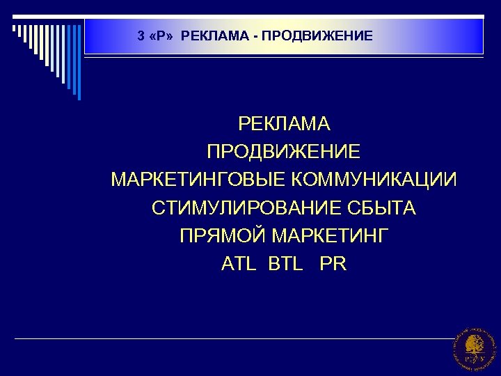 3 «Р» РЕКЛАМА - ПРОДВИЖЕНИЕ РЕКЛАМА ПРОДВИЖЕНИЕ МАРКЕТИНГОВЫЕ КОММУНИКАЦИИ СТИМУЛИРОВАНИЕ СБЫТА ПРЯМОЙ МАРКЕТИНГ ATL