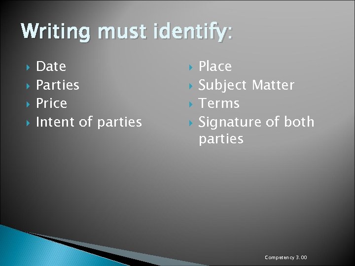 Writing must identify: Date Parties Price Intent of parties Place Subject Matter Terms Signature