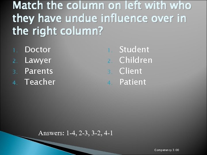 Match the column on left with who they have undue influence over in the