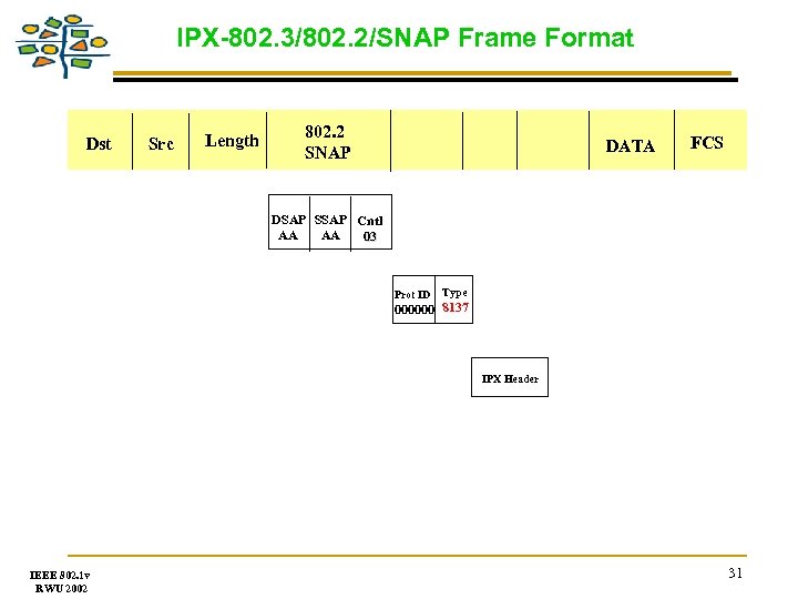 IPX-802. 3/802. 2/SNAP Frame Format Dst Src Length 802. 2 SNAP DATA FCS DSAP