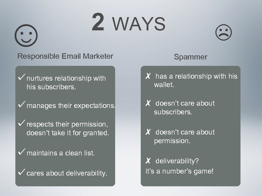 ☺ 2 WAYS Responsible Email Marketer ☹ Spammer ✗ has a relationship with his