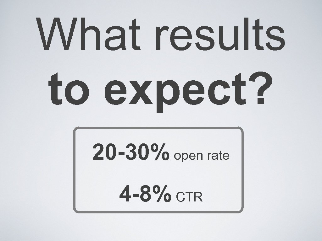 What results to expect? 20 -30% open rate 4 -8% CTR 