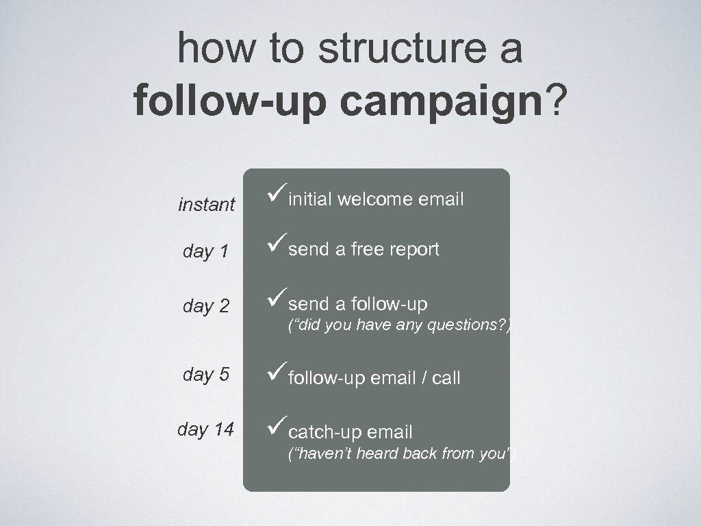 how to structure a follow-up campaign? instant üinitial welcome email day 1 üsend a