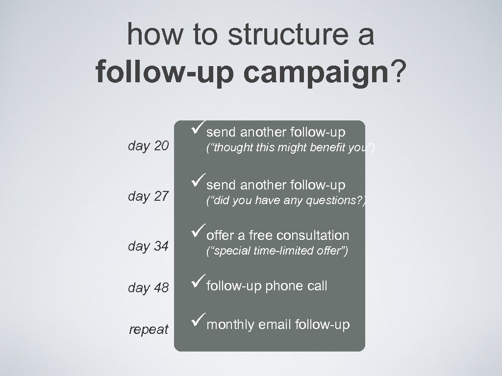 how to structure a follow-up campaign? day 20 day 27 day 34 üsend another
