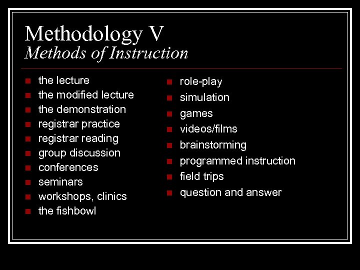 Methodology V Methods of Instruction n n the lecture the modified lecture the demonstration