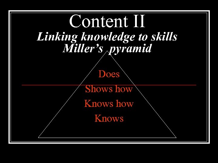 Content II Linking knowledge to skills Miller’s pyramid Does Shows how Knows 