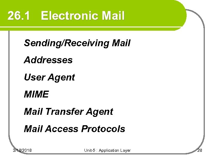 26. 1 Electronic Mail Sending/Receiving Mail Addresses User Agent MIME Mail Transfer Agent Mail
