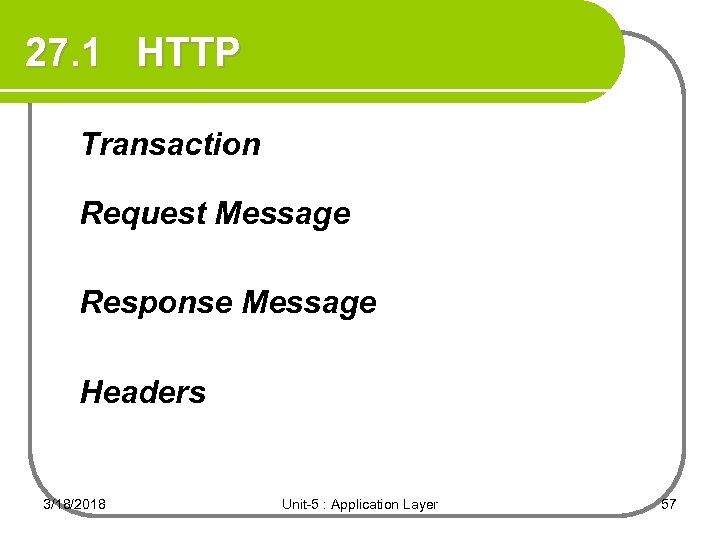 27. 1 HTTP Transaction Request Message Response Message Headers 3/18/2018 Unit-5 : Application Layer