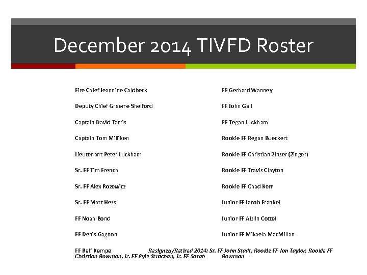 December 2014 TIVFD Roster Fire Chief Jeannine Caldbeck FF Gerhard Wanney Deputy Chief Graeme