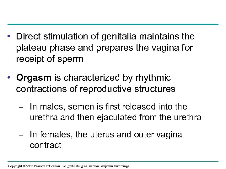  • Direct stimulation of genitalia maintains the plateau phase and prepares the vagina