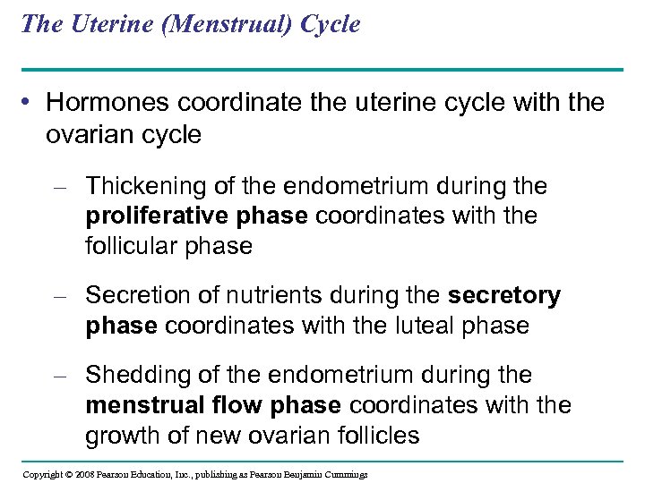 The Uterine (Menstrual) Cycle • Hormones coordinate the uterine cycle with the ovarian cycle
