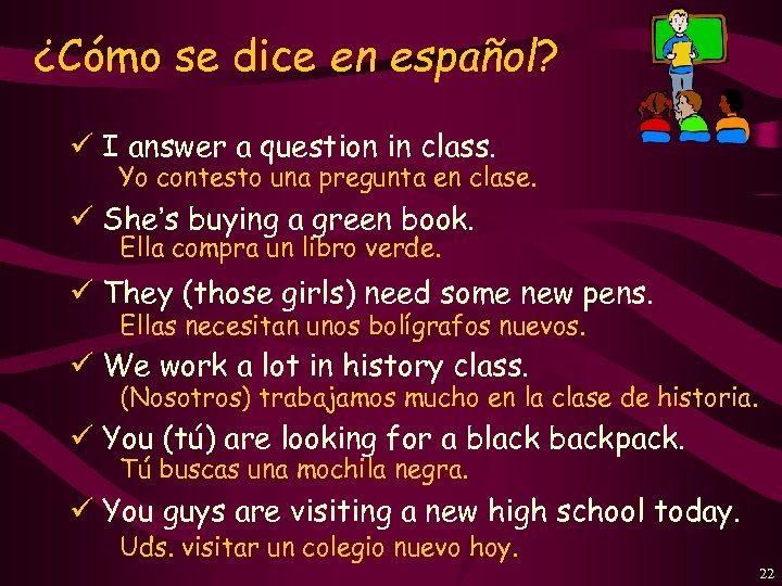 ¿Cómo se dice en español? ü I answer a question in class. Yo contesto