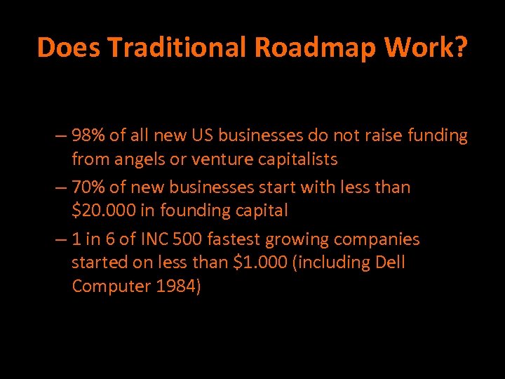 Does Traditional Roadmap Work? – 98% of all new US businesses do not raise