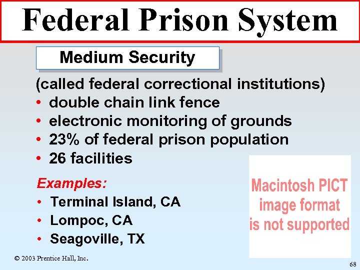 Federal Prison System Medium Security (called federal correctional institutions) • double chain link fence