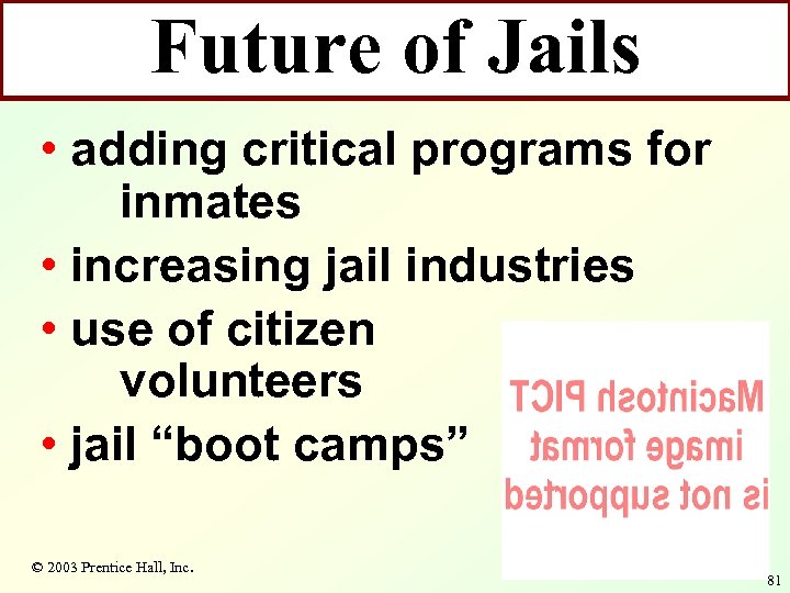 Future of Jails • adding critical programs for inmates • increasing jail industries •