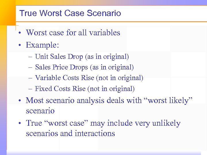 True Worst Case Scenario • Worst case for all variables • Example: – –