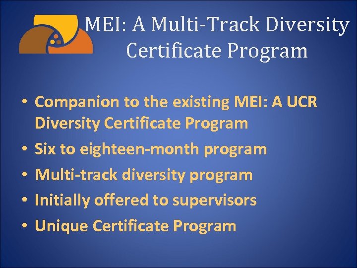 MEI: A Multi-Track Diversity Certificate Program • Companion to the existing MEI: A UCR
