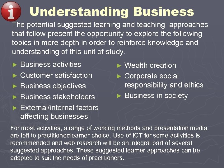 Understanding Business The potential suggested learning and teaching approaches that follow present the opportunity