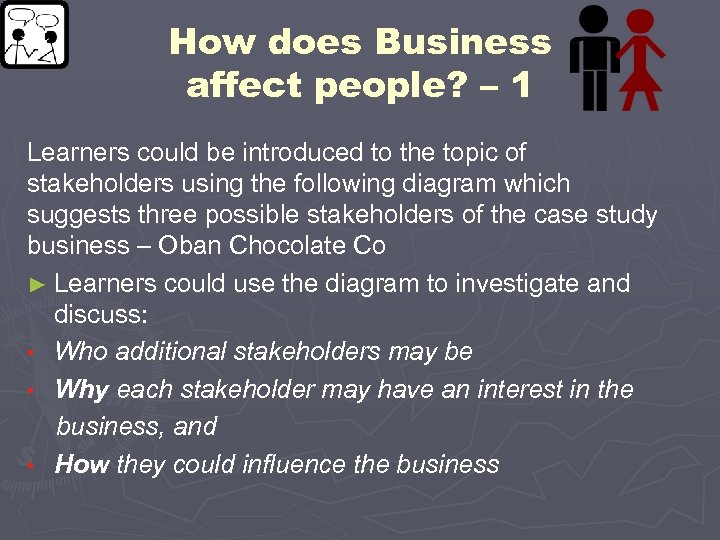 How does Business affect people? – 1 Learners could be introduced to the topic