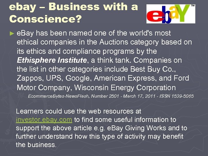 ebay – Business with a Conscience? ► e. Bay has been named one of