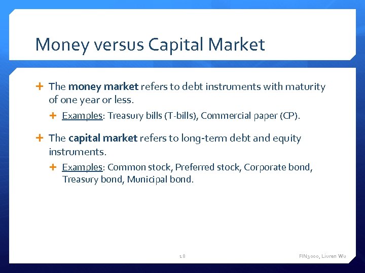 Money versus Capital Market The money market refers to debt instruments with maturity of