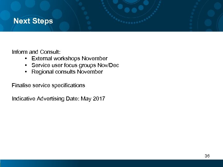Next Steps Inform and Consult: • External workshops November • Service user focus groups