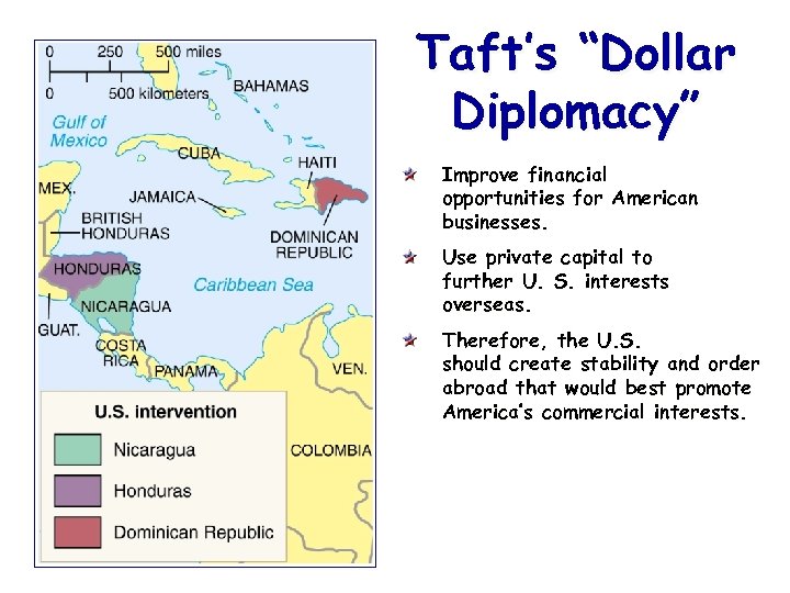 Taft’s “Dollar Diplomacy” Improve financial opportunities for American businesses. Use private capital to further