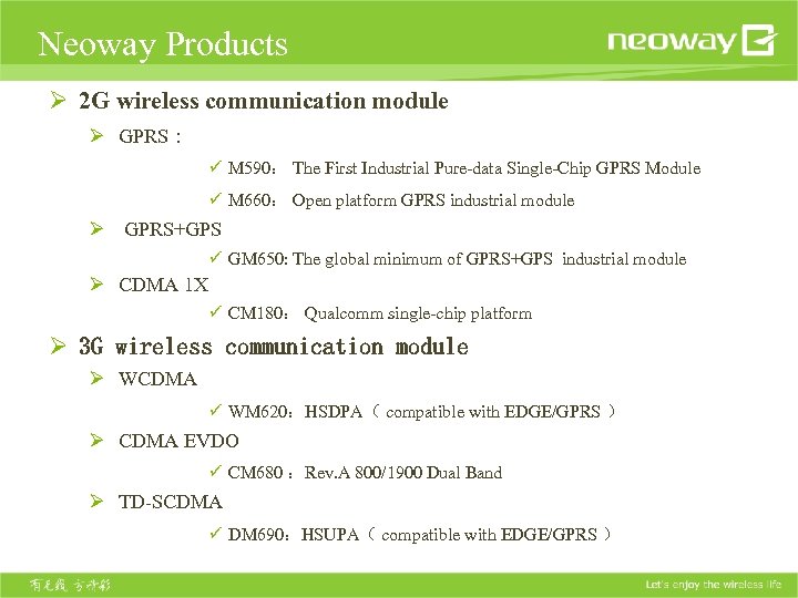 Neoway Products Ø 2 G wireless communication module Ø GPRS： ü M 590： The