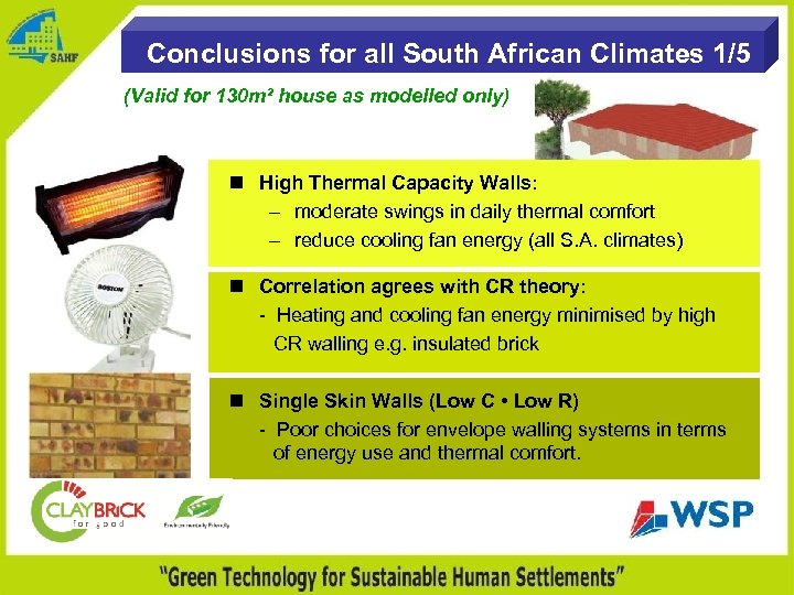 Conclusions for all South African Climates 1/5 (Valid for 130 m² house as modelled
