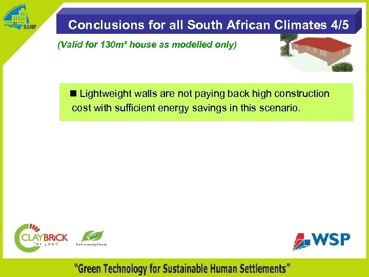 Conclusions for all South African Climates 4/5 (Valid for 130 m² house as modelled