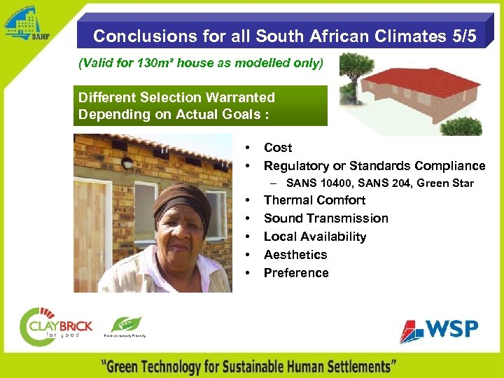 Conclusions for all South African Climates 5/5 (Valid for 130 m² house as modelled