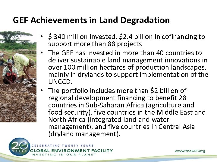 GEF Achievements in Land Degradation • $ 340 million invested, $2. 4 billion in