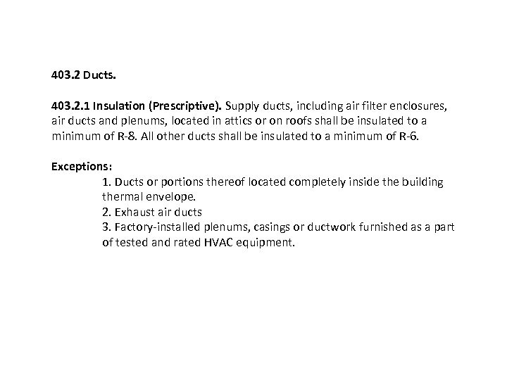 403. 2 Ducts. 403. 2. 1 Insulation (Prescriptive). Supply ducts, including air filter enclosures,