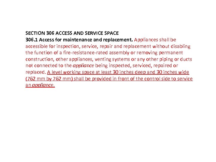 SECTION 306 ACCESS AND SERVICE SPACE 306. 1 Access for maintenance and replacement. Appliances