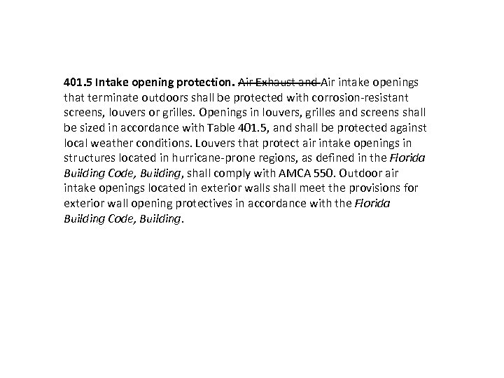 401. 5 Intake opening protection. Air Exhaust and Air intake openings that terminate outdoors