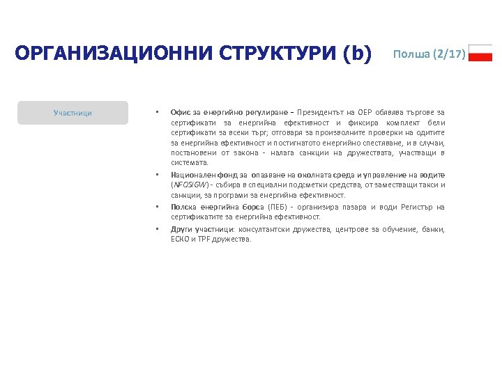 ОРГАНИЗАЦИОННИ СТРУКТУРИ (b) Участници • • Полша (2/17) Офис за енергийно регулиране - Президентът