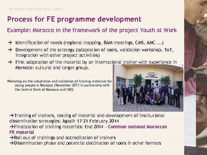 Process for FE programme development Example: Morocco in the framework of the project Youth