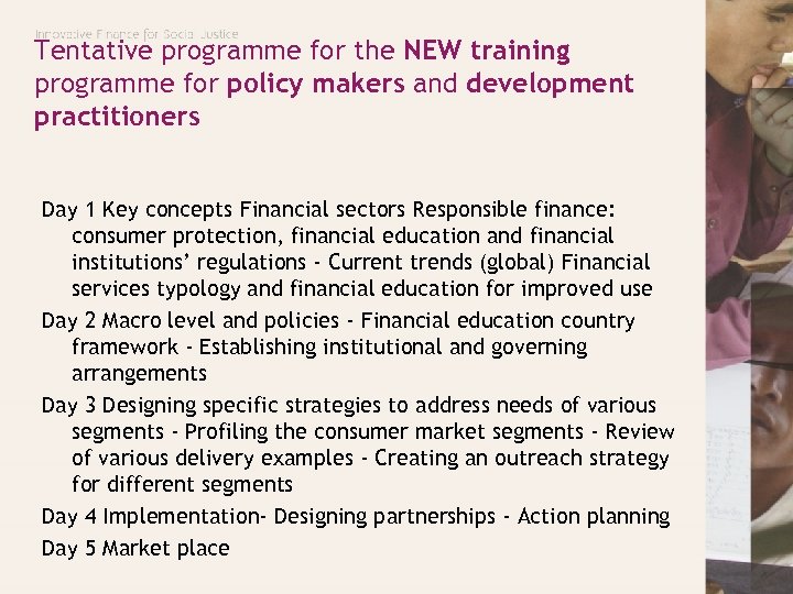Tentative programme for the NEW training programme for policy makers and development practitioners Day