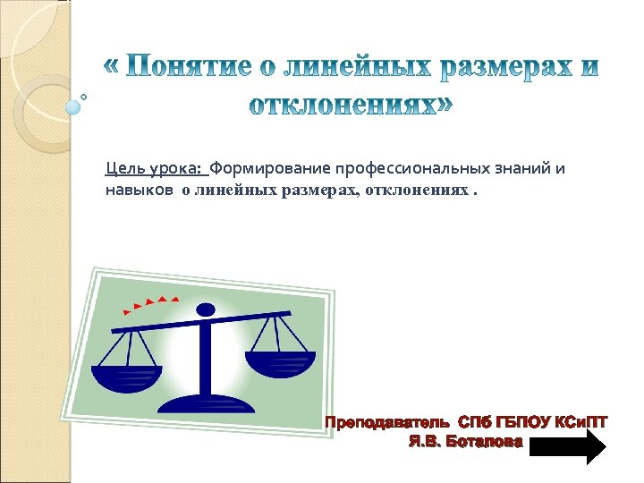 Цель урока: Формирование профессиональных знаний и навыков о линейных размерах, отклонениях. Преподаватель СПб ГБПОУ