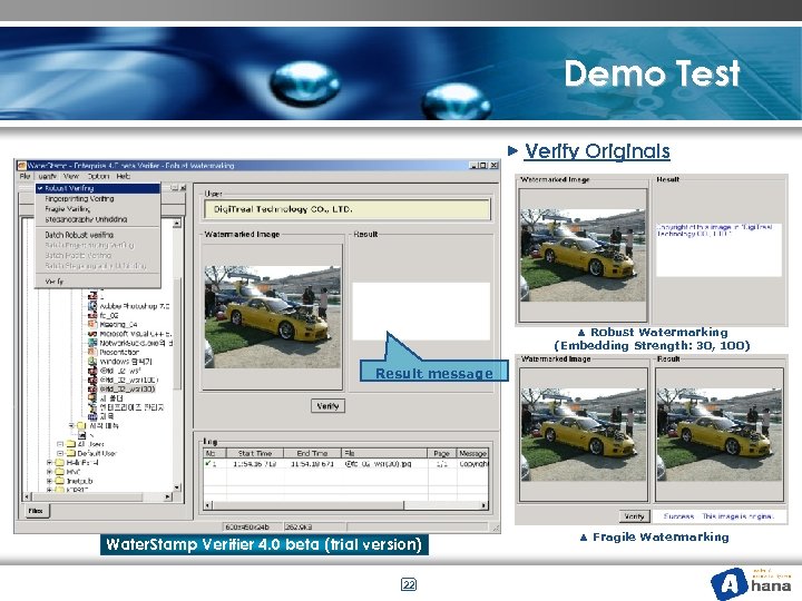 Demo Test ▶ Verify Originals ▲ Robust Watermarking (Embedding Strength: 30, 100) Result message