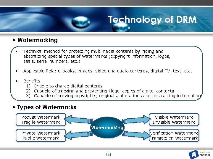 Technology of DRM ▶ Watermarking • Technical method for protecting multimedia contents by hiding