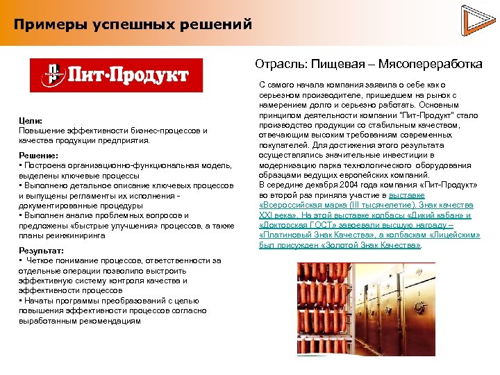 Примеры успешных решений Отрасль: Пищевая – Мясопереработка Цели: Повышение эффективности бизнес-процессов и качества продукции