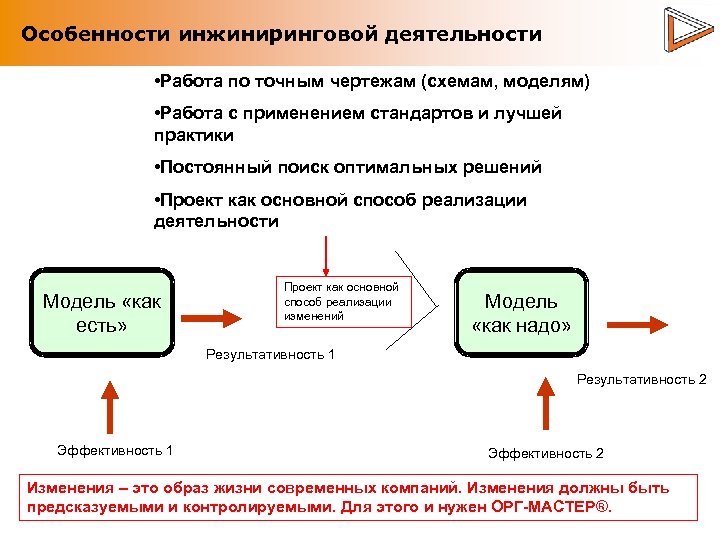 Особенности инжиниринговой деятельности • Работа по точным чертежам (схемам, моделям) • Работа с применением