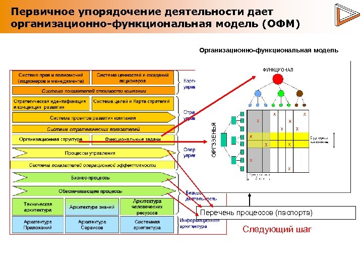 Первичное упорядочение деятельности дает организационно-функциональная модель (ОФМ) Организационно-функциональная модель Перечень процессов (паспорта) Следующий шаг